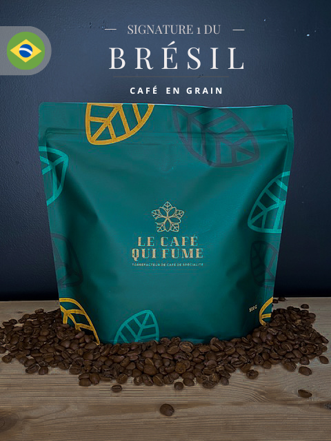 Café en grain du brésil dans un sachet vert sapin avec logo fleur de café dorée et valve de degazage